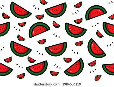 Seamless vector pattern with cartoon Watermelon.
Bright fruit juice. Illustrations used for magazines, books, posters, cards, menu covers, web pages, etc.