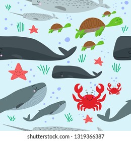 Seamless vector pattern with cartoon whales, sperm whales, turtles, narwhals, stars, crabs on blue background. Suitable for poster or postcard. Print for clothes for children or kids (girls and boys).
