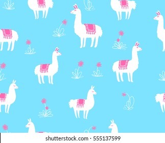 Seamless vector pattern: cartoon white llamas and alpacas on blue background with flowers