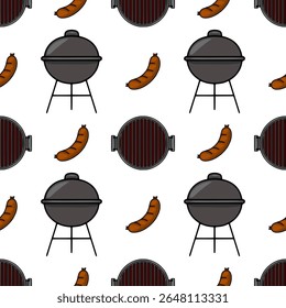 Seamless vector pattern of cartoon-style charcoal grills and sausages, perfect for summer BBQ-themed designs, featuring a playful and appetizing illustration.