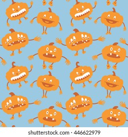A seamless vector pattern with cartoony flat Halloween pumpkins.