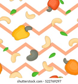 Seamless vector pattern of cashew nut. Striped zig-zag background with delicious cashew nuts, leaves. Illustration can be used for printing on fabric textile in design packaging, packaging design