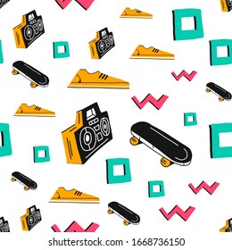 seamless vector pattern with a cassette recorder and sneakers.Elements of Doodle icons.Funny children's drawing. Can be used Wallpaper, fabric design, fabric, paper, textile, background