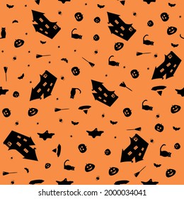 Seamless vector pattern with a castle, pumpkins, broom, spiders, ghosts. Happy Halloween. For textiles, packaging, decoration, design, pages, web.