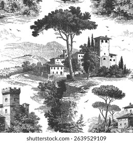 Seamless vector pattern with castles, hills, forests and plains. Traditional old European, Tuscany or Provencal, landscape scene. Vintage engraving style illustration.