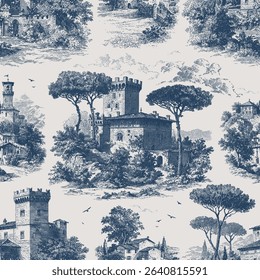 Seamless vector pattern with castles, hills, forests and plains. Traditional old European, Tuscany or Provencal, landscape scene. Vintage engraving style illustration.