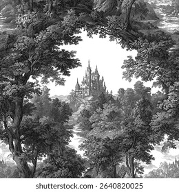 Seamless vector pattern with castles, hills, forests and plains. Traditional old European landscape scene. Vintage engraving style illustration.