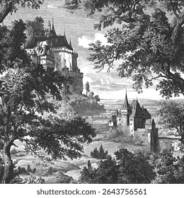 Padrão de vetor sem emenda com castelos, colinas, florestas e planícies. Tradicional paisagem europeia antiga. Ilustração estilo de gravação vintage.