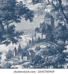 Seamless vector pattern with castles, hills, forests and plains. Traditional old European landscape scene. Vintage engraving style illustration.