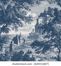 Seamless vector pattern with castles, hills, forests and plains. Traditional old European landscape scene. Vintage engraving style illustration.