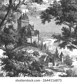 Padrão de vetor sem emenda com castelos, colinas, florestas e planícies. Tradicional paisagem europeia antiga. Ilustração estilo de gravação vintage.