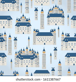 Seamless vector pattern with castles on a light blue background.