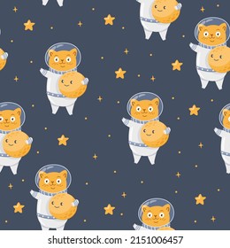 Seamless vector pattern. Cat astronaut flying in space, smiling moon, stars, space. Cute children's print. 