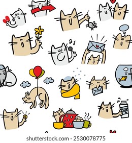 Patrón de Vector sin fisuras con caras de gato. Fondo de pantalla interminable de animales domésticos y salvajes. Gatitos con comida, juguetes, ropa y corazón roto.