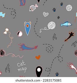 Seamless vector pattern. Cat map with special labels: paw prints, guides, fish. Cheerful image on a gray background.