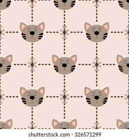 Seamless vector pattern with cat muzzles and decorative elements.Seamless pattern can be used for wallpaper, pattern fills, web page background, surface textures.