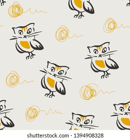 Seamless vector pattern with cat owls and yarn balls. Simple cartoon drawing. Retro look.