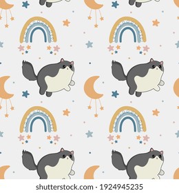 Seamless vector pattern with cat and rainbow. Trendy baby texture for fabric, wallpaper, apparel, wrapping