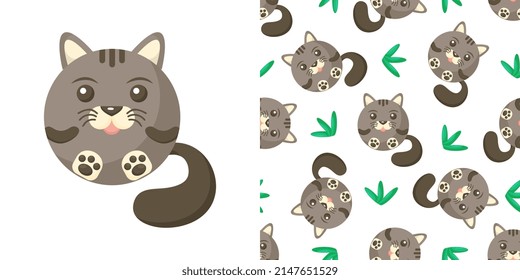 Seamless vector pattern of cat. Round kittens on background. 