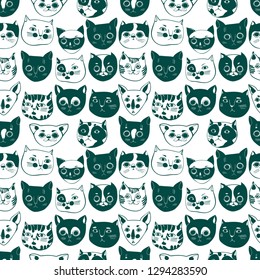 Seamless vector pattern with cat snouts, cats of different breeds and colors in graphic illustration, oriented for textiles and wallpaper.