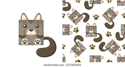 Seamless vector pattern of cat. Square kittens on background.