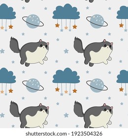 Seamless vector pattern with cat, stars, and planet. Trendy baby texture for fabric, wallpaper, apparel, wrapping.