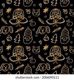 Seamless vector pattern with cat,girl,Santa Claus,Christmas tree,tangerine gold line on black background.Holiday print in doodle style hand drawn.Designs for textiles,fabric,wrapping paper,packaging. 