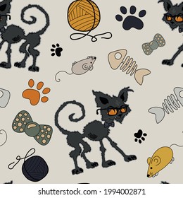 Seamless vector pattern with catroon bandit cat can be
used for decor, textile, wrapping paper or as background
