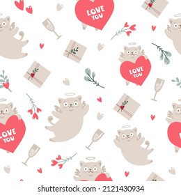 Seamless vector pattern. Cats are angels, cupid, champagne, glass, gifts, plants, heart. Valentine's day pattern