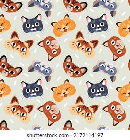 Seamless vector pattern with cats. Colorful texture with funny animal faces for prints, fabrics, backgrounds and children industries. Surface design. Cat's day. Hand drawn flat doodle illustration 