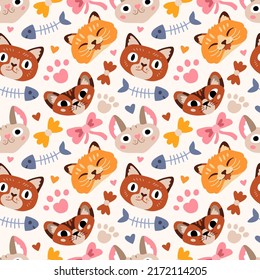 Seamless vector pattern with cats. Colorful texture with funny animal faces for prints, fabrics, backgrounds and children industries. Surface design. Cat's day. Hand drawn flat doodle illustration 