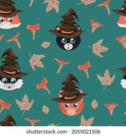 Seamless vector pattern with cats of different breeds in brown witch hat, maple leaves and chanterelle mushrooms isolated on green background. Autumn cartoon illustration.