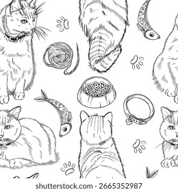 Seamless vector pattern, cats and cats of different breeds, Siamese, striped, food bowls, collars, toys. All objects are hand-drawn with ink. Vector illustration for printing on fabric and paper.