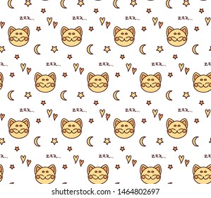 Seamless vector pattern with cats faces, moons, stars and hearts in yellow palette