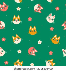 
Seamless vector pattern with cats faces and sakura flowers. Cute pattern with cats faces icons isolated on green. Kids pattern for clothes, wrapping, wallpapers, etc.