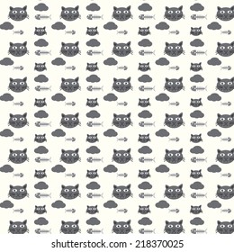 seamless vector pattern cats and fishbones on ivory background