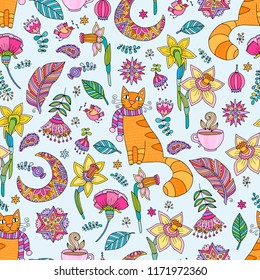 Seamless vector pattern with cats, flowers, florals, coffee, ornamental stars and moon. Hand drawn illustration.