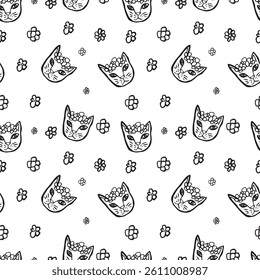 Seamless vector pattern with cats and flowers