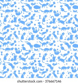 Seamless vector pattern with cats. Hand drawn doodle. Cartoon funny cats. blue silhouette on white