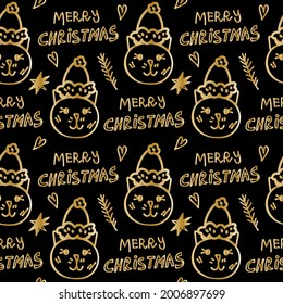 Seamless vector pattern with cats in hats,merry christmas lettering,branches,hearts with gold line on black background. Holiday print in doodle style hand drawn.Designs for textiles,wrapping paper. 