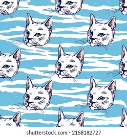 Seamless vector pattern with cats heads and tiger print. Vector animal illustration suitable for stationery, fabric, wrapping paper and wallpaper.