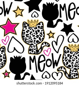 Seamless vector pattern with cats and leopard print for kids. Can be used for textile,  background, book cover, packaging, wallpaper.