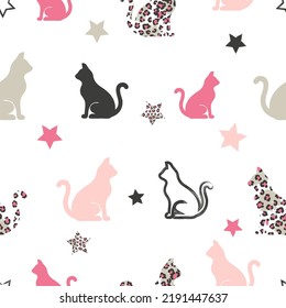 Seamless vector pattern with cats and leopard print. Textile, fabric design