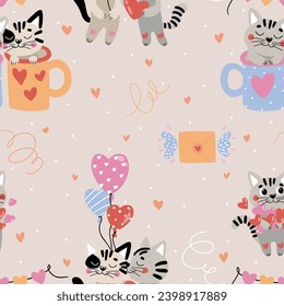 Patrón vectorial sin foco con gatos enamorados. Adecuado para envolver papel, tela, tarjetas y más.