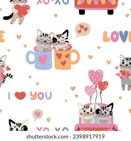 Seamless vector pattern with cats in love and lettening. Suitable for wrapping paper, fabric, Valentine's Day cards and more.