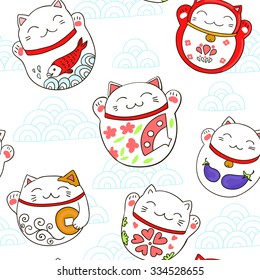 Seamless vector pattern with cats Maneki-neko, lucky charms.