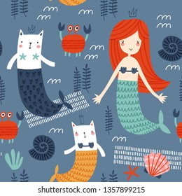 Seamless vector pattern with cats and mermaids for typography poster, card, label, brochure, flyer, page, banner design. Vector illustration background