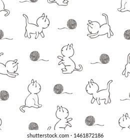 Seamless vector pattern with cats on white background. Simple animal line art wallpaper design. Cute kitten fashion textile.