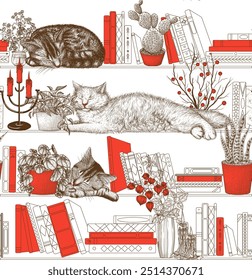 Seamless vector pattern cats on a book cozy autumn bookshelf with dried flowers and houseplants in engraving style