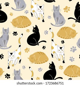 Seamless vector pattern with cats and paw prints